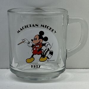 Vtg Magician Mickey Mouse Cup - 1937 Walt Disney Clear Glass Mug - USA - Cartoon